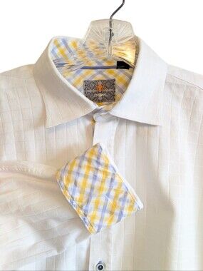 Enzone Men's White Button Down Shirt Pattern Cuffs Sz Large